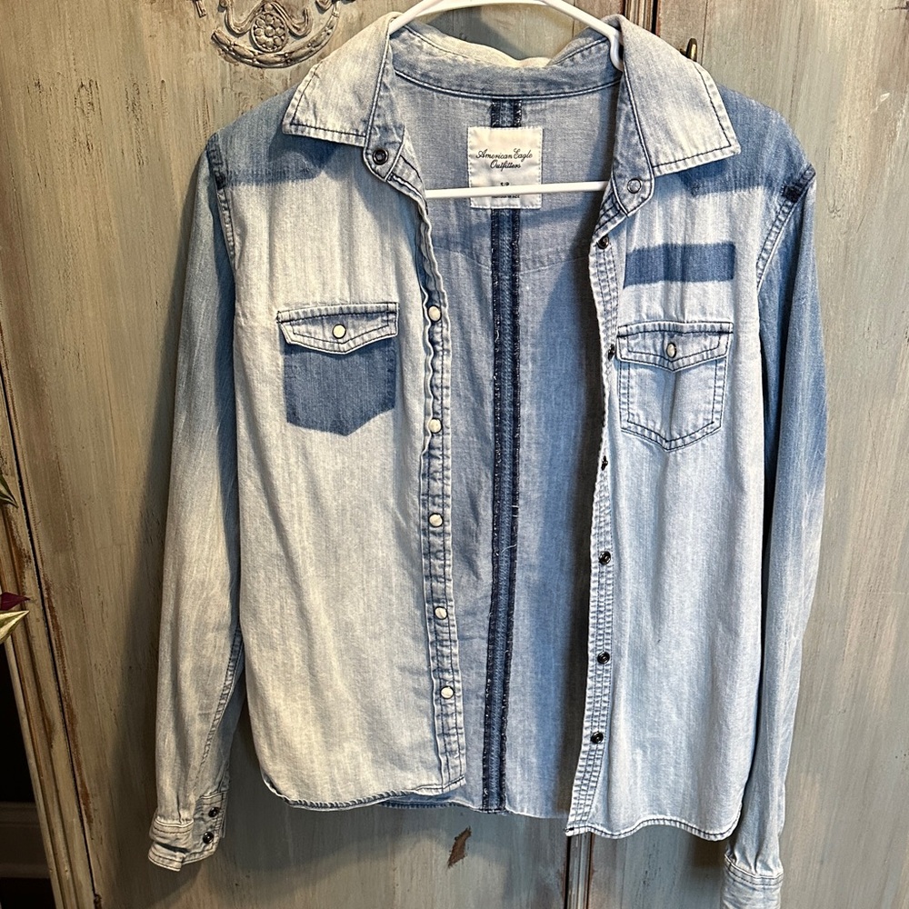 American Eagle Outfitters Light and Dark Blue Denim Shirt